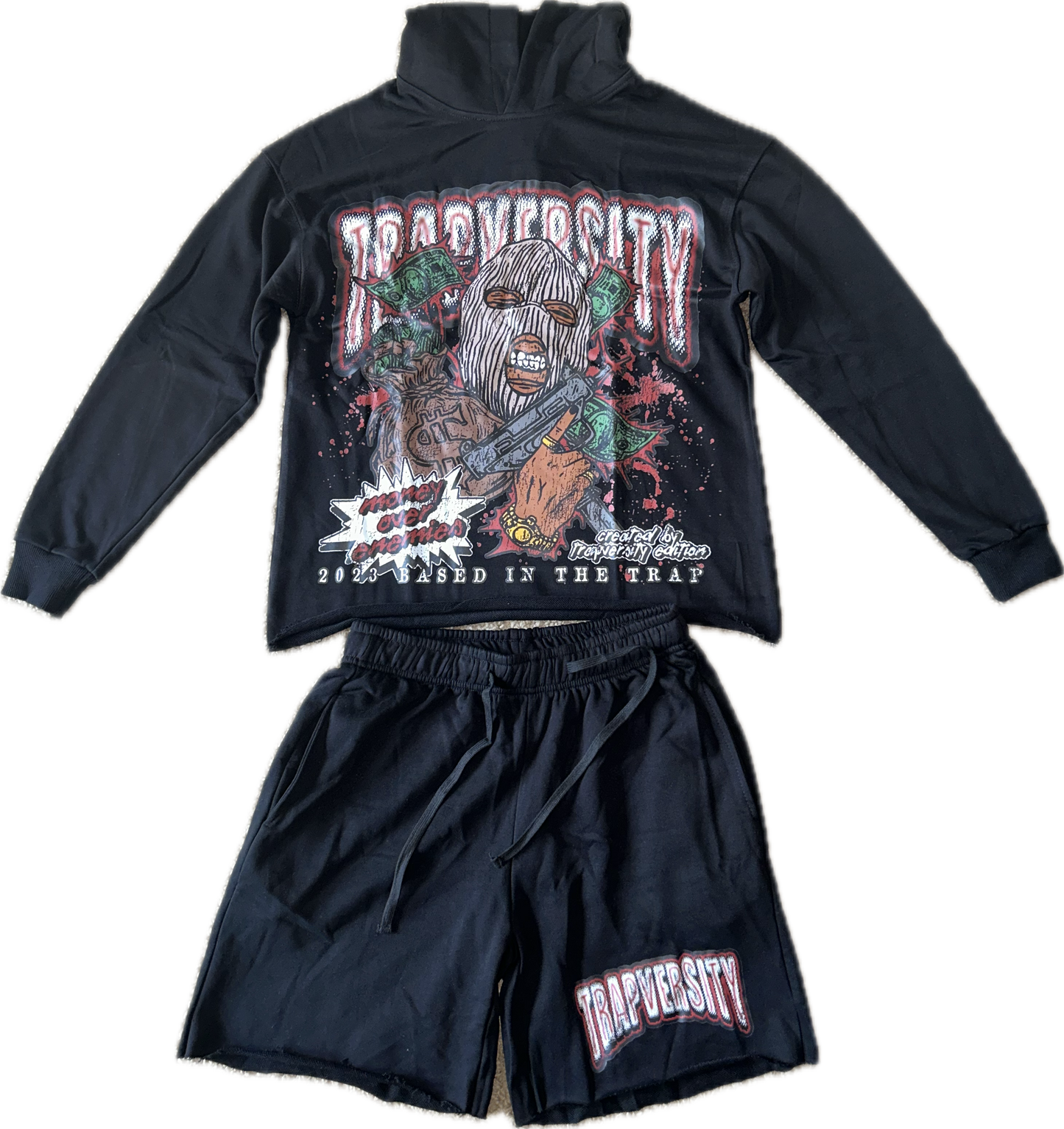 MONEY OVER ENEMIES  Trapversity Edition HOODIE+SHORTS set